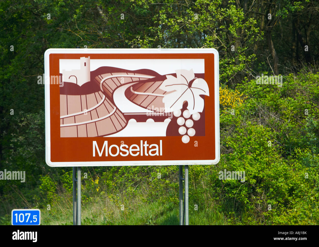Informations touristiques sur autoroute allemande signe pour la vallée de la Moselle (Moseltal) région viticole, l'Allemagne, de l'Europe Banque D'Images