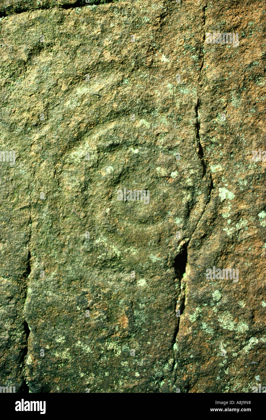 Spiral creusée dans la face du Standing Stone Long Meg Menhir Banque D'Images