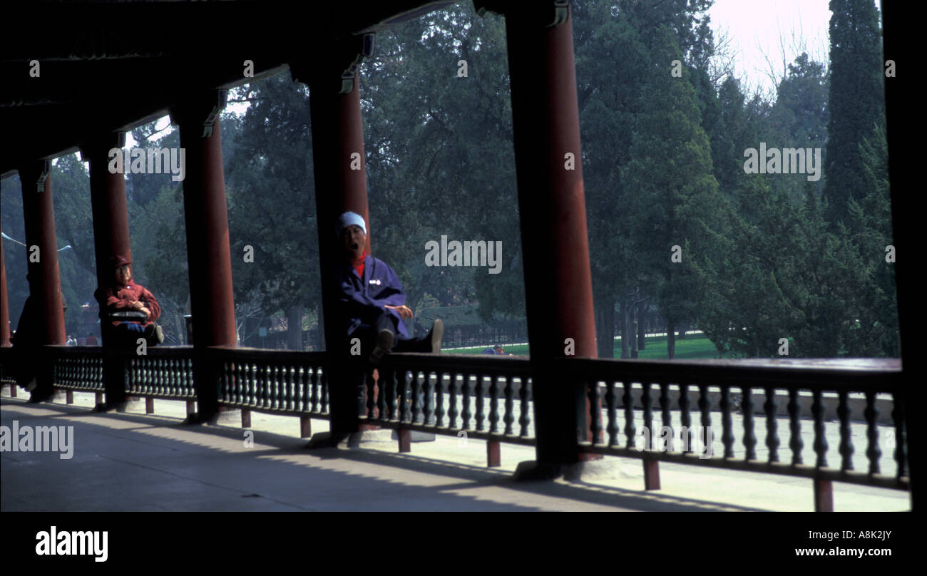 Dame sous le soleil d'après-midi de détente le long de la 'long corridor' à l'entrée du Temple du Ciel à Beijing Banque D'Images