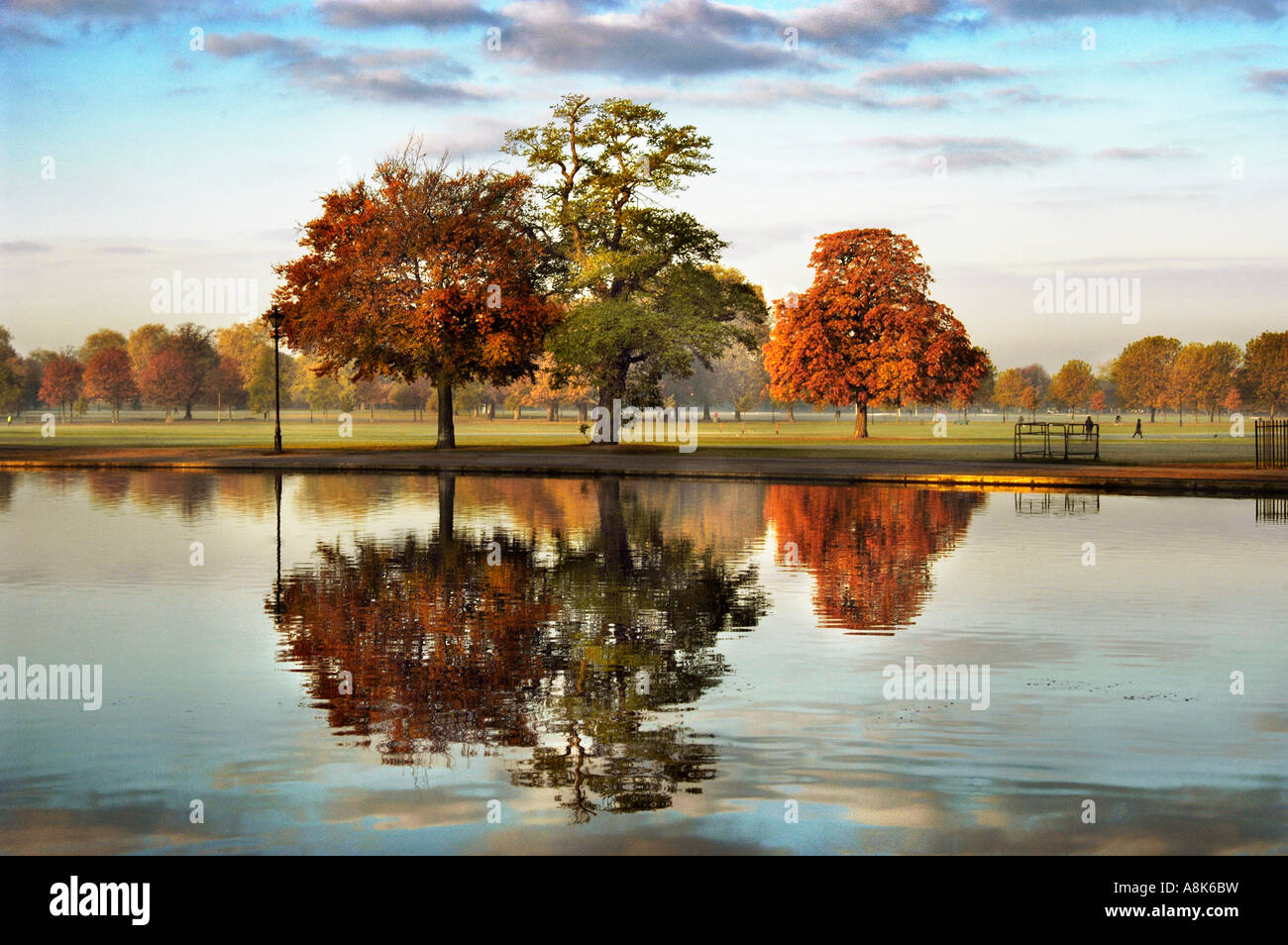 Scène tôt le matin de l'automne des arbres contre un lac en Angleterre Clapham Common Banque D'Images