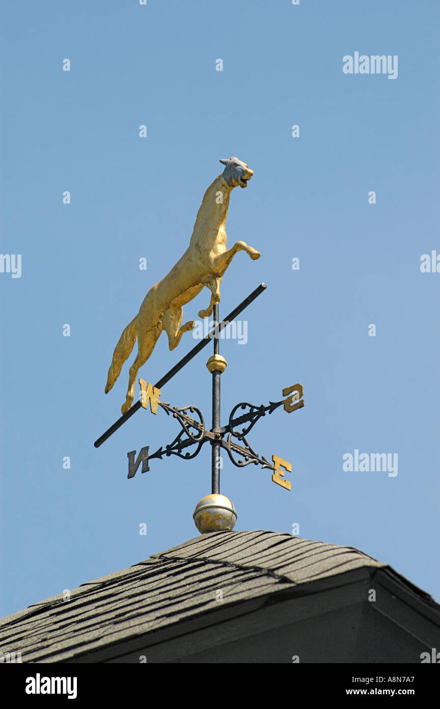 Girouette indiquant les directions du vent lorsqu'il y a de l'air en mouvement Et celui-ci a un cheval en métal avec ciel et l'espace de copie Banque D'Images