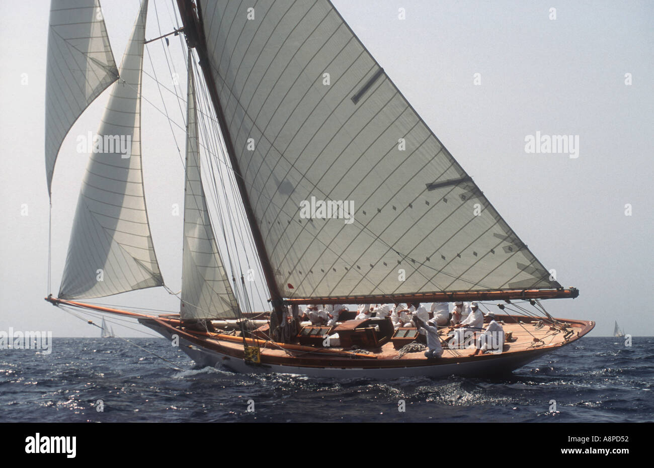 Gaffe classique yacht racing Avel durant la régate Conde de Barcelona Mallorca Espagne 1993 Banque D'Images