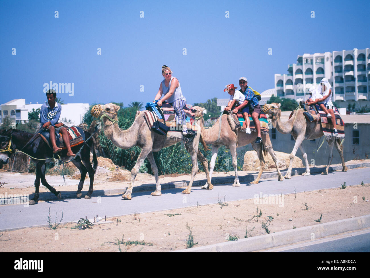 Un groupe de vacanciers à cheval sur les chameaux près d'hôtels blanchis sur le front de mer à Port El Kantaoui un tourist Resort and Marina situé à environ 10km au nord de Sousse en Tunisie centrale Banque D'Images