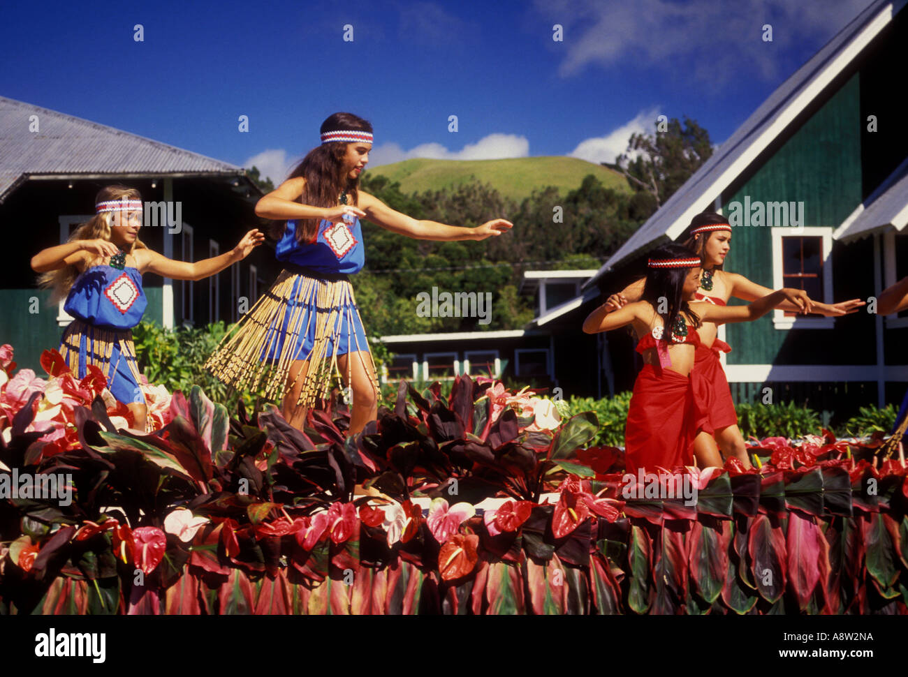 Les jeunes enfants hawaïens danseurs hula girls dancing au Paniolo Parade lors du Festival Aloha Waimea sur l'île de Hawaii, Hawaii, United States Banque D'Images