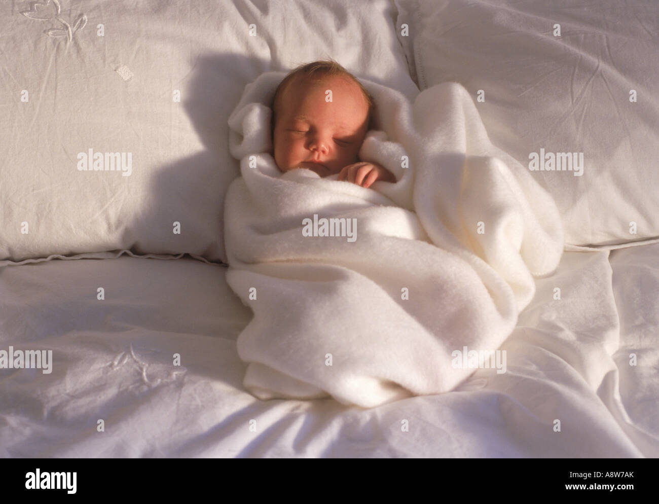 Bebe De 2 A 3 Semaines Sur Un Lit Enveloppe Dans Une Couverture Blanche Dans La Lumiere Du Matin Photo Stock Alamy