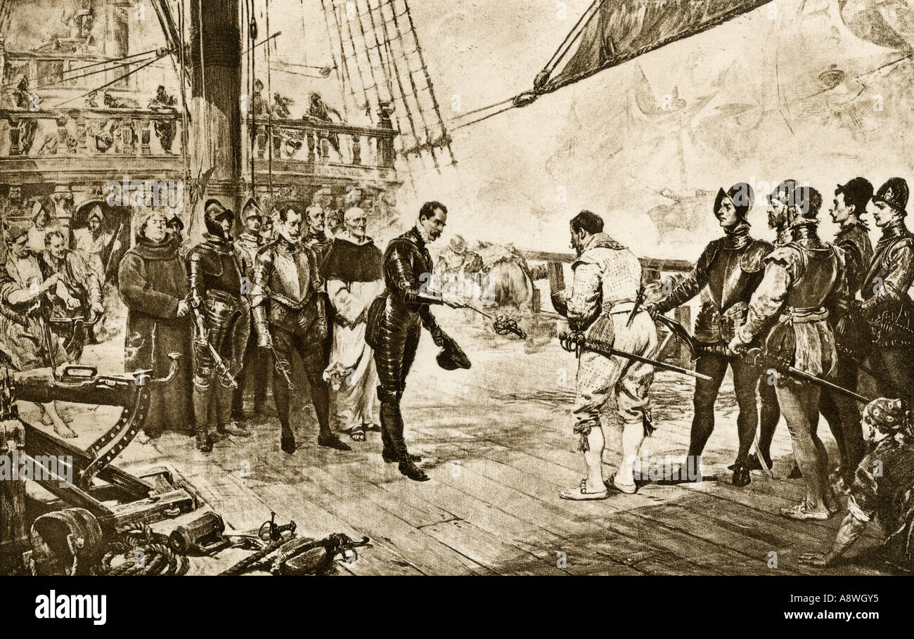 L'amiral Armada espagnole remet son épée à commandant britannique Francis Drake 1588. Reproduction d'une peinture de la Photogravure Banque D'Images