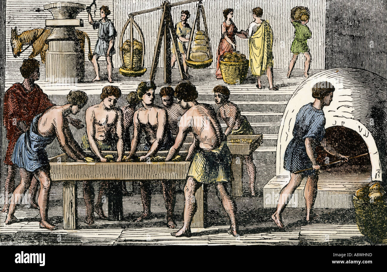 Les travailleurs de la boulangerie dans la Rome antique. À la main, gravure sur bois Banque D'Images