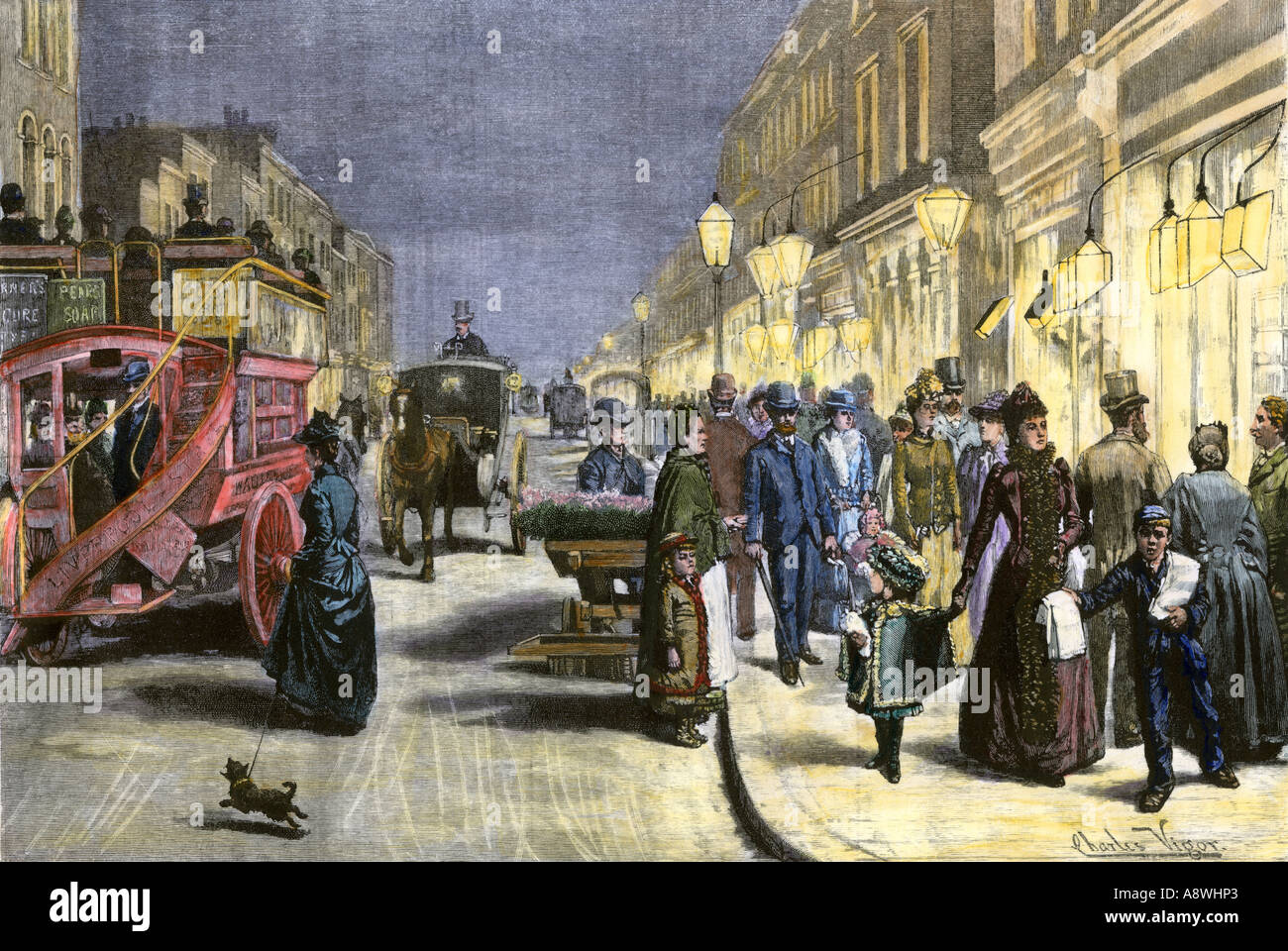 L'occupation de Londres rue le soir avec les lumières électriques vers 1890. À la main, gravure sur bois Banque D'Images