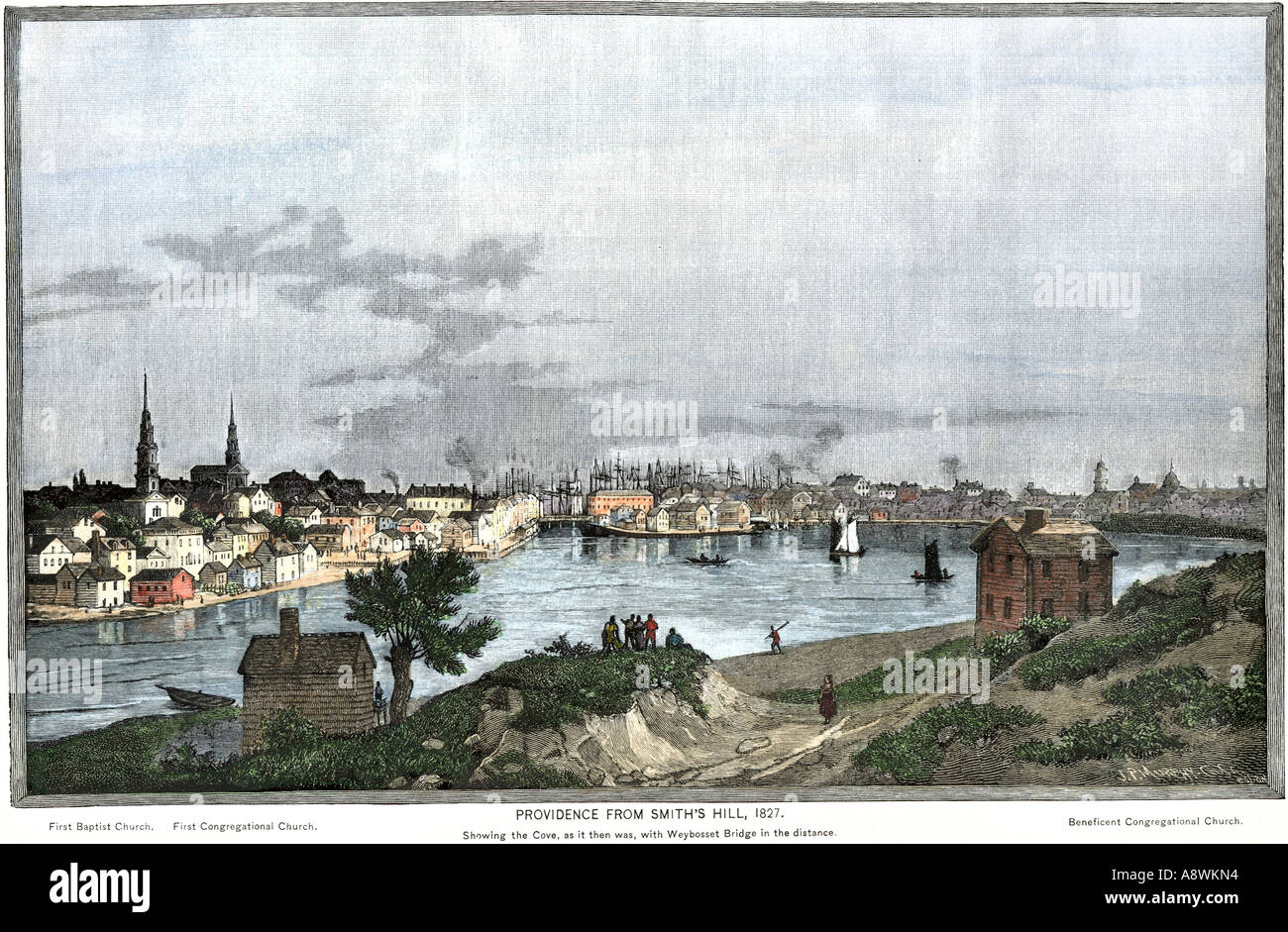 Providence, Rhode Island en 1827 montrant la colline de Smiths Cove. À la main, gravure sur bois Banque D'Images