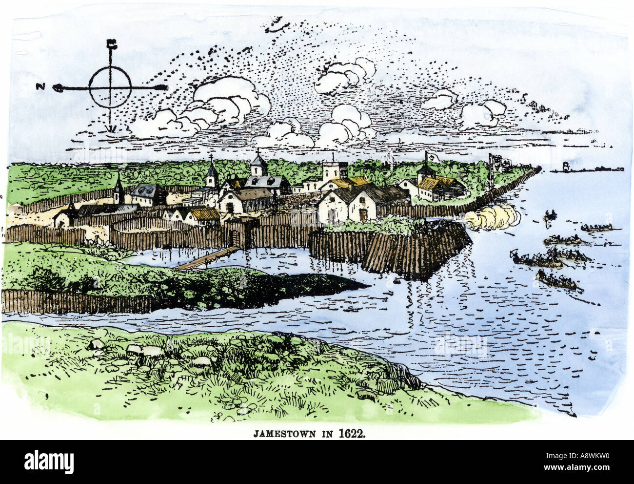 Le fort de Jamestown et de règlement de 1622 en tant que colonie de Virginie. À la main, gravure sur bois Banque D'Images