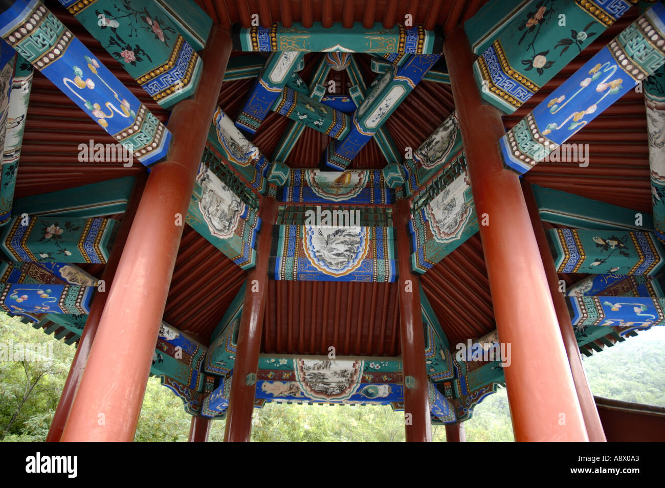 Colonnes sur un pavillon, Grande Muraille de Chine, Juyongguan Gate, près de Badaling, la Chine. Banque D'Images