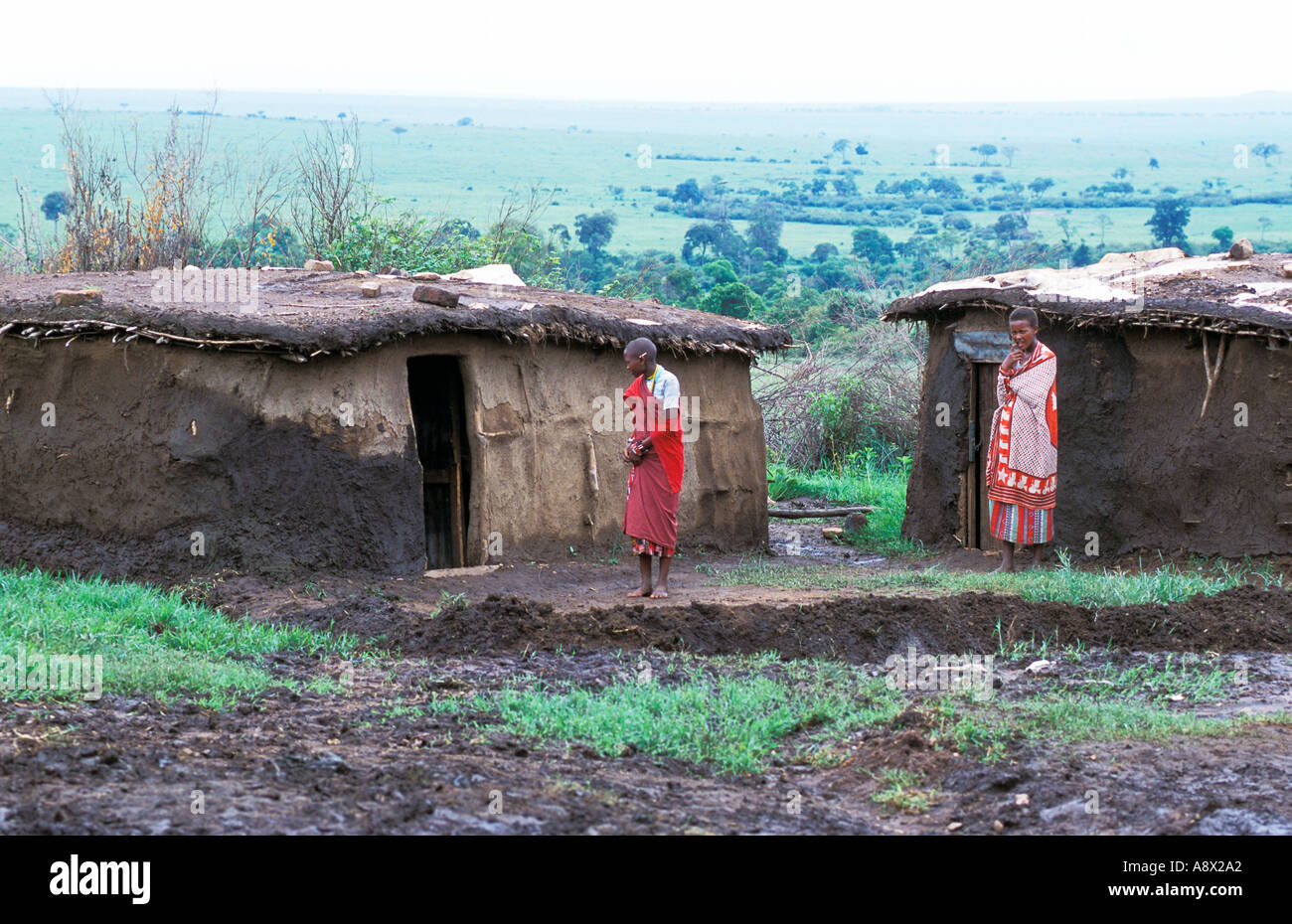 La réserve de Masai Mara KENYA circulaire traditionnelles maisons faites de fumier de vache dans la région de manyatta village Banque D'Images