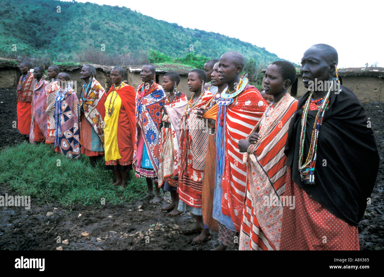 KENYA Masai Mara National Reserve femmes Masai en vêtements traditionnels et bijoux en perles de chanter à l'intérieur de leur village manyatta Banque D'Images