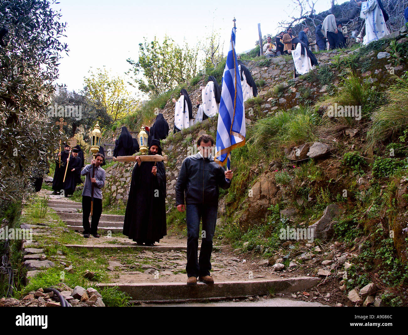 Les moines le jour suivant Pâques litanie au St Grigoriou Agios Grigorios monastère à Athos Grèce Xalkidiki Banque D'Images