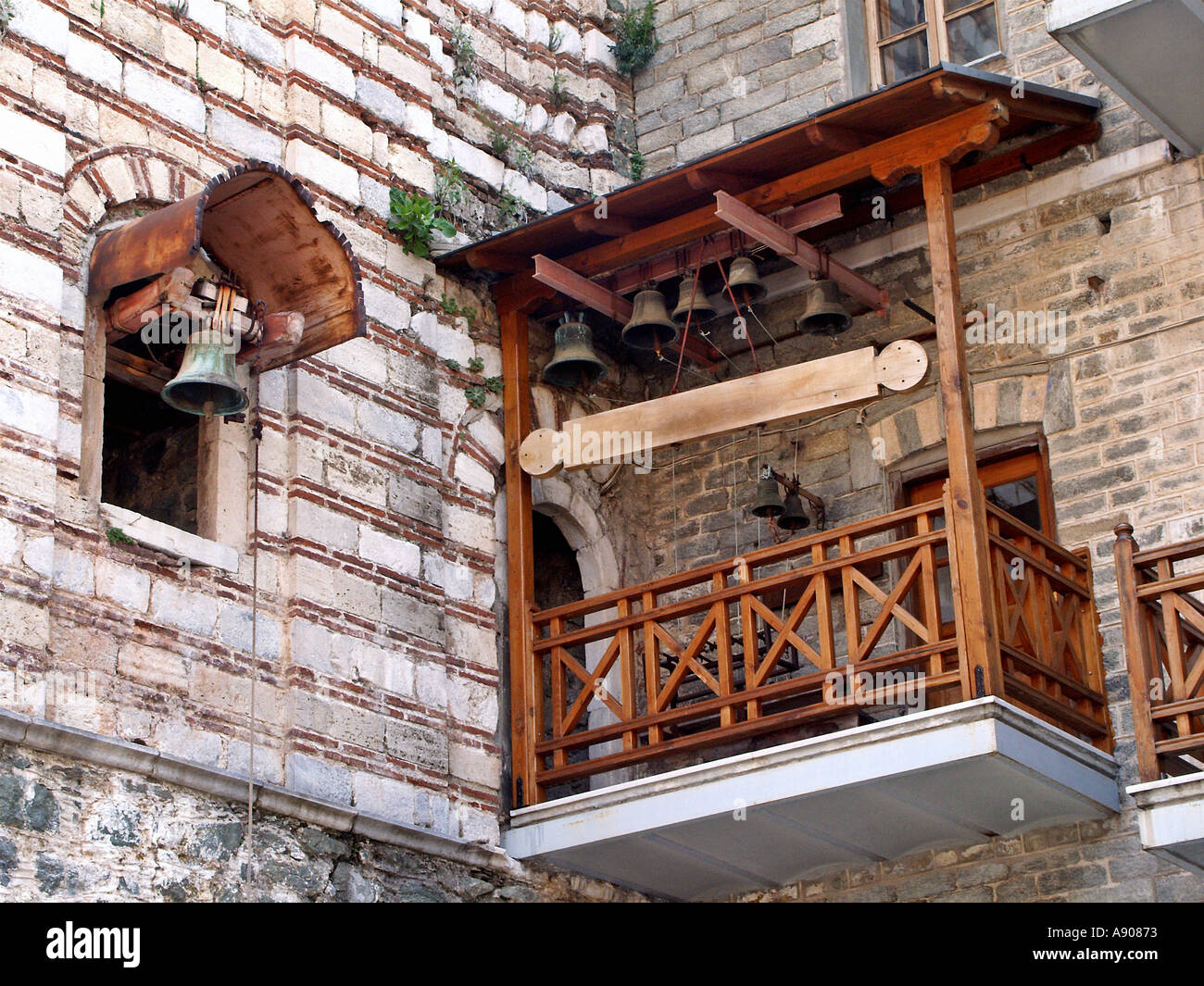 Sonnerie mécanisme balcon à St Paul monastère Agios Paulos Athos Grèce Xalkidiki Banque D'Images