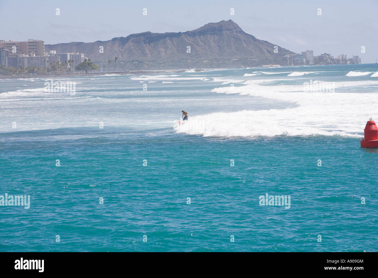 Un surfeur avec en arrière-plan de Diamond Head, Honolulu, Oahu, Hawaii Banque D'Images