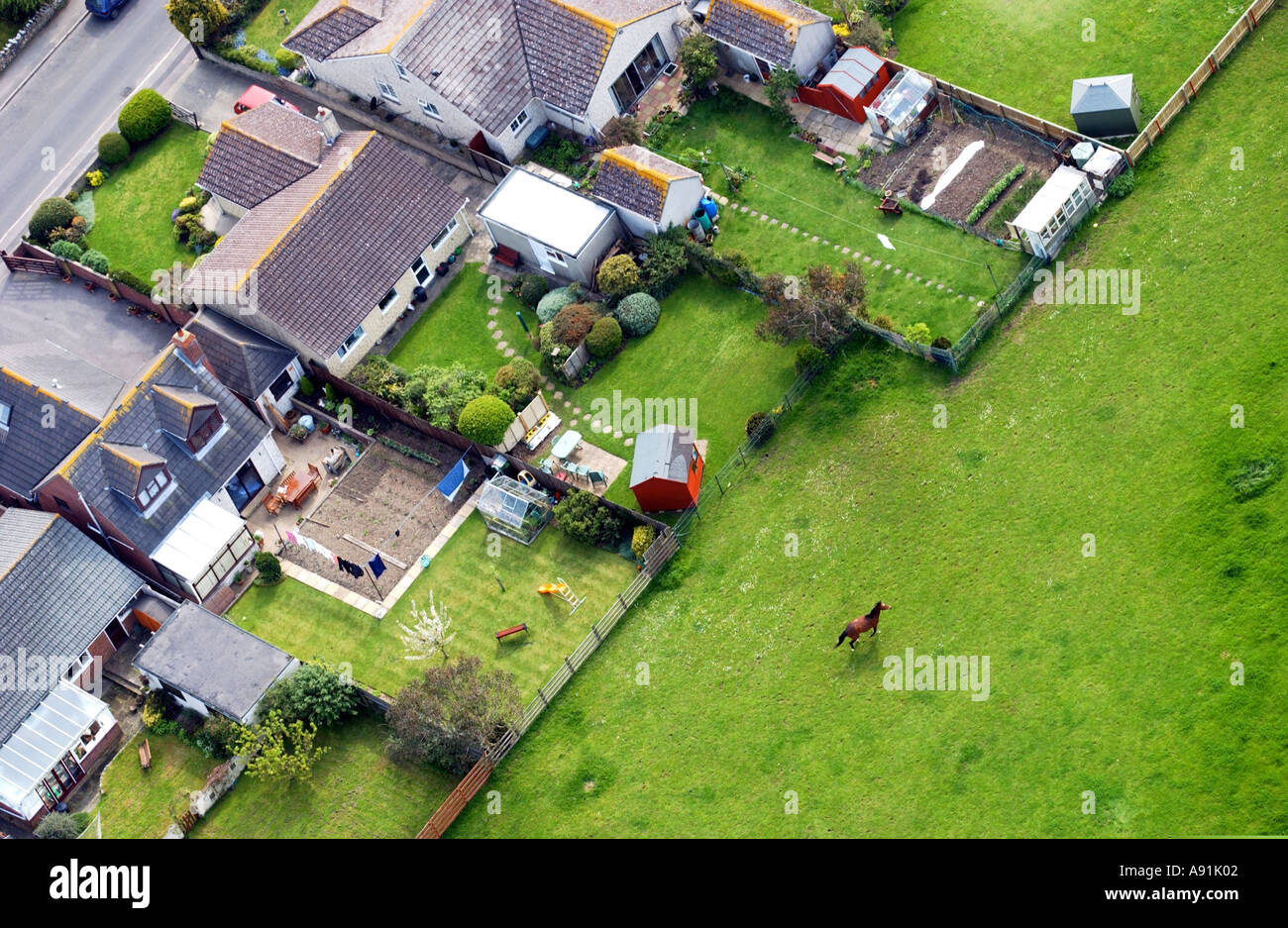 Une photo aérienne d'un cheval dans un champ derrière les maisons Banque D'Images