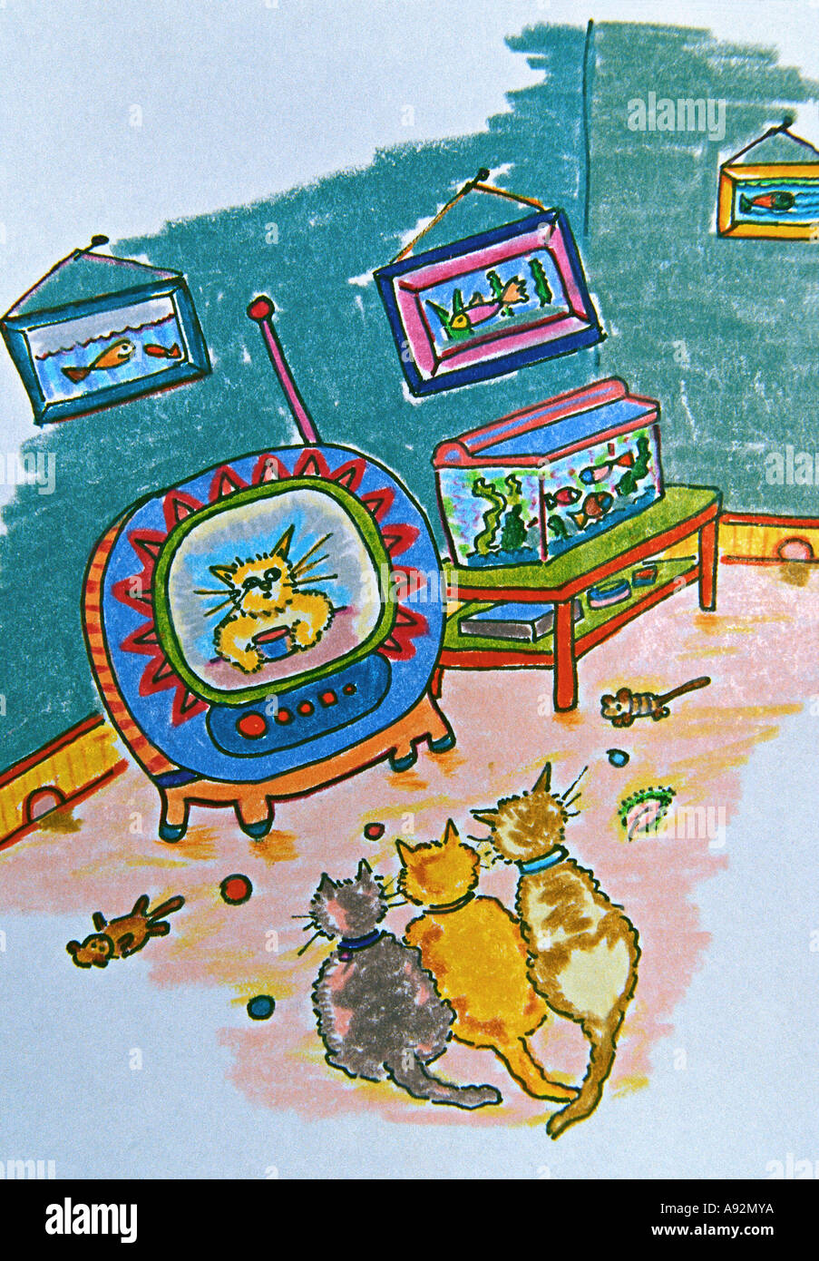 Cats watching TV Jane Butler (b.1949) américain/crayon pen & ink Collection Privée Banque D'Images