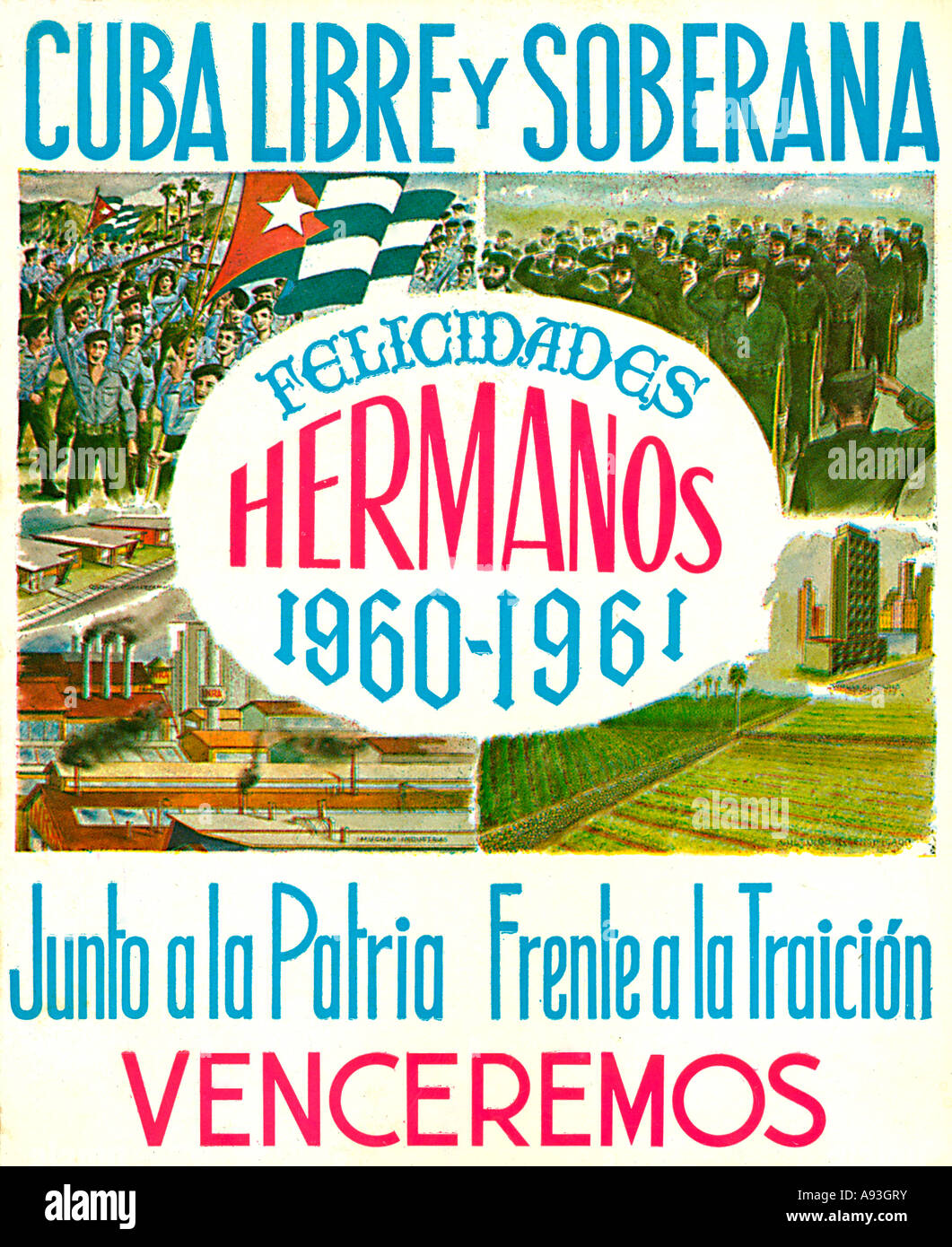 Politique cubain Cuba Libre 1960 affiche célébrant la révolution et les travailleurs qui ont rendu cela possible Banque D'Images