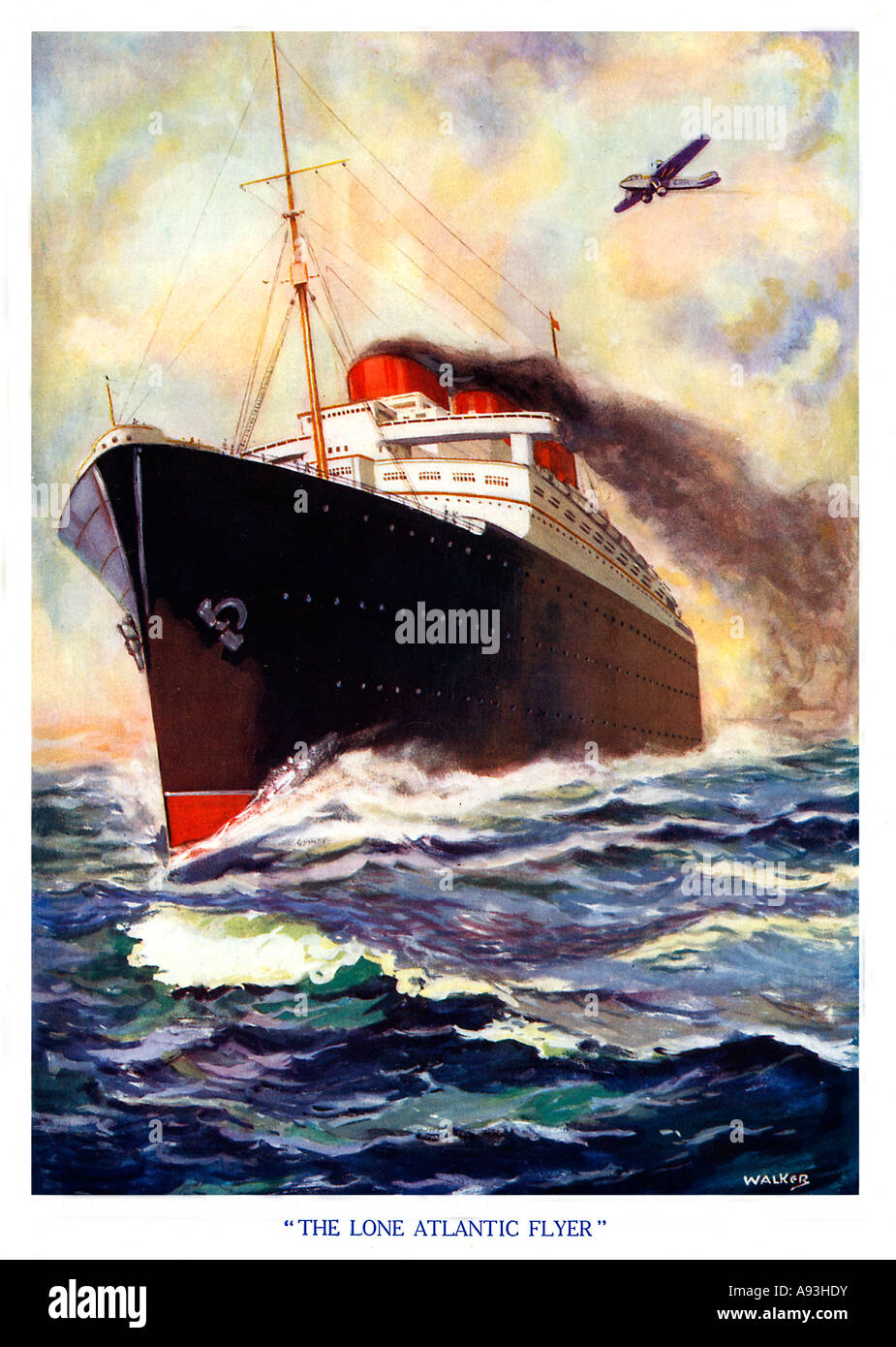 L'ATLANTIQUE, 1936 Lone Flyer illustration d'un dépassement d'un avion de ligne de croisière sur la route trans-Atlantic Banque D'Images