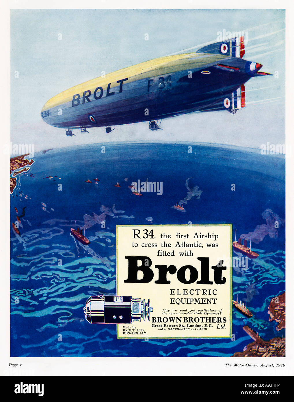 R34 Brolt Airship 1919 magazine annonce le premier dirigeable à traverser l'océan Atlantique en 1919 en prenant plus de 108 heures Banque D'Images