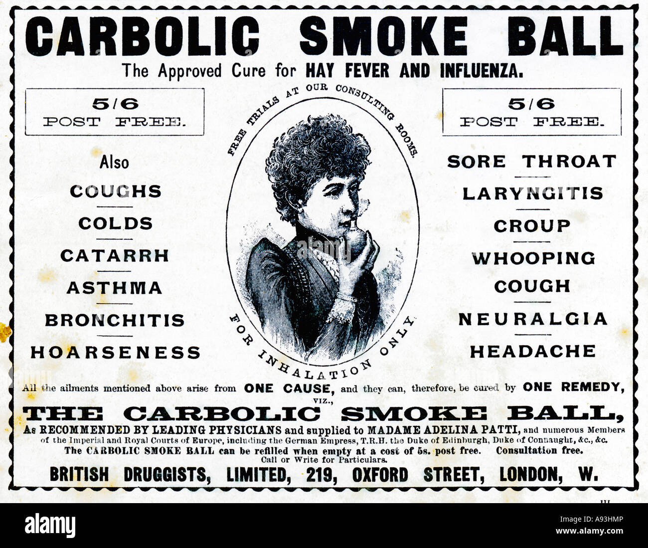 Carbolic Smoke Ball 1894 publicité pour les médicaments brevetés, célèbre pour l'affaire présentée par Carlill en 1892 contre l'entreprise Banque D'Images