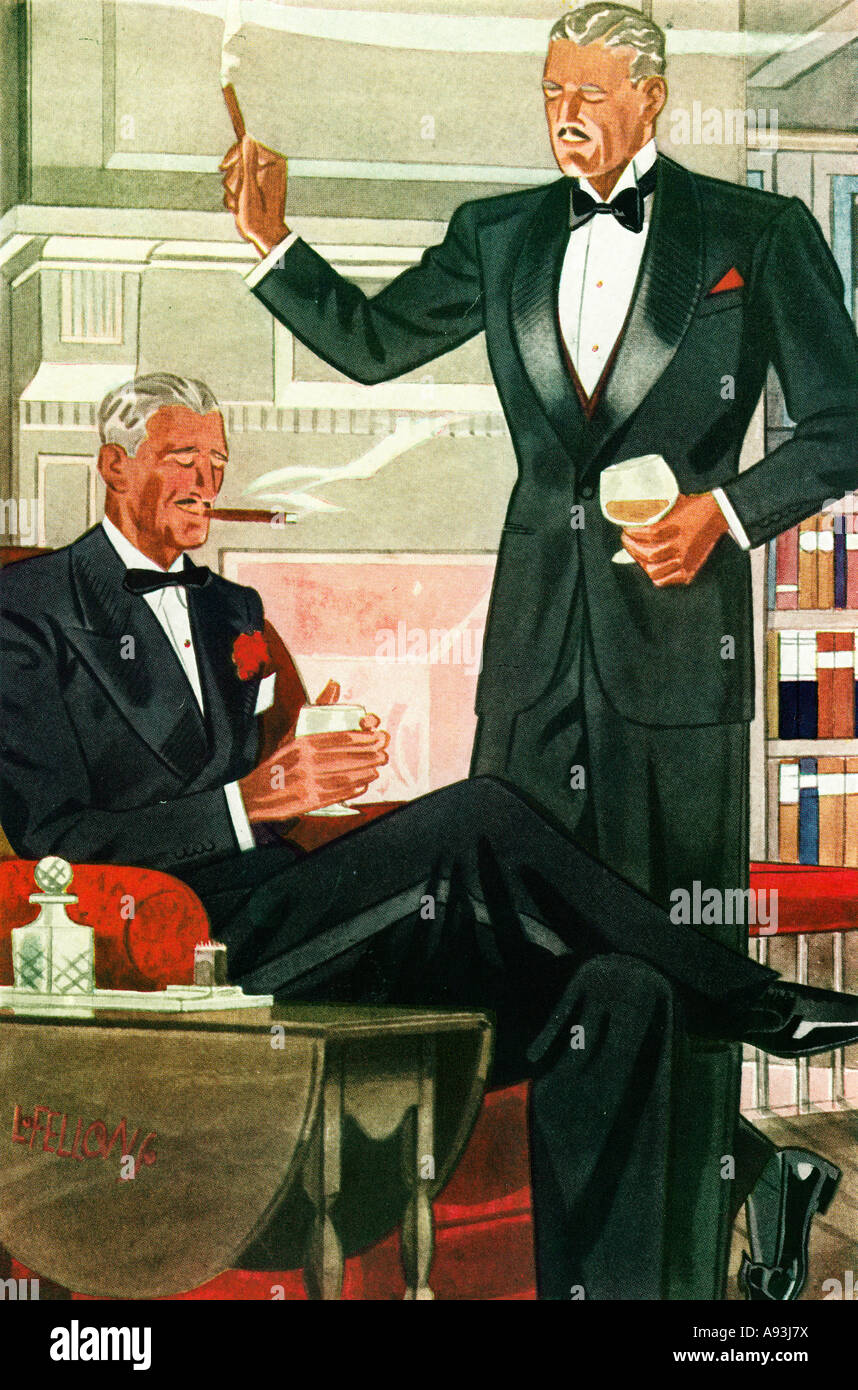 Après le dîner, boire 1935 American illustration de mode d'un couple d'hommes avec leur brandy post-prandiale et cigares Banque D'Images