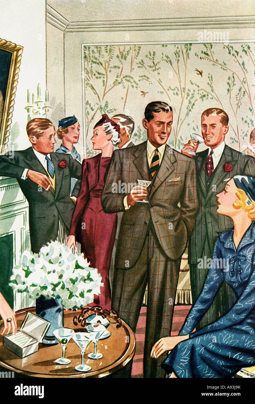 Cocktail 1937 L'illustration de mode de impeccablement habillé mesdames et messieurs à une collecte intelligente Banque D'Images