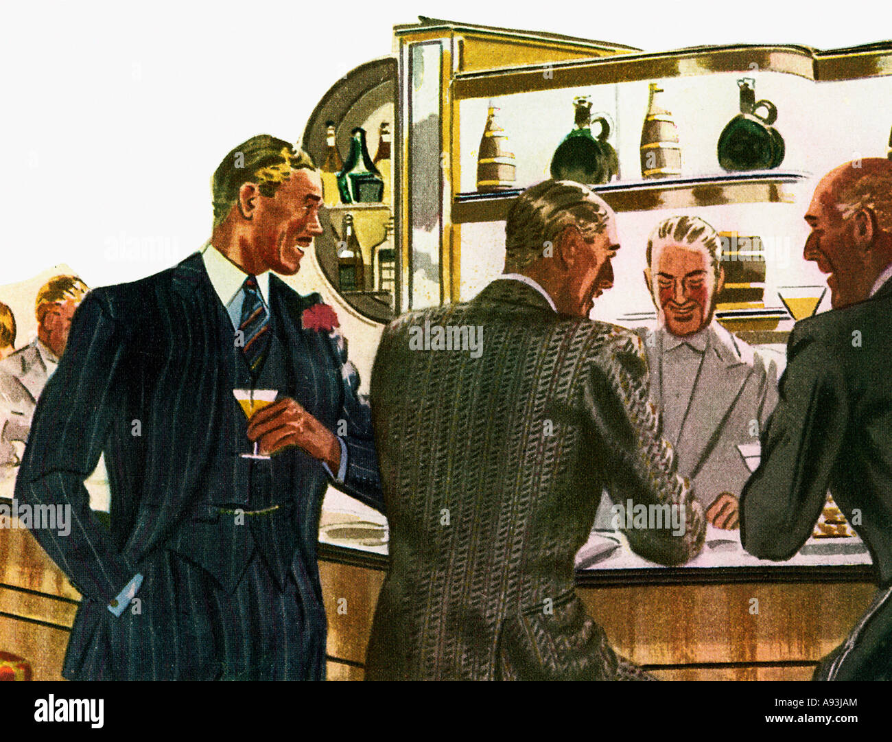 Bar Talk 1935 American fashion illustration de impeccablement habillé messieurs se sont réunis au bar pour les cocktails Banque D'Images