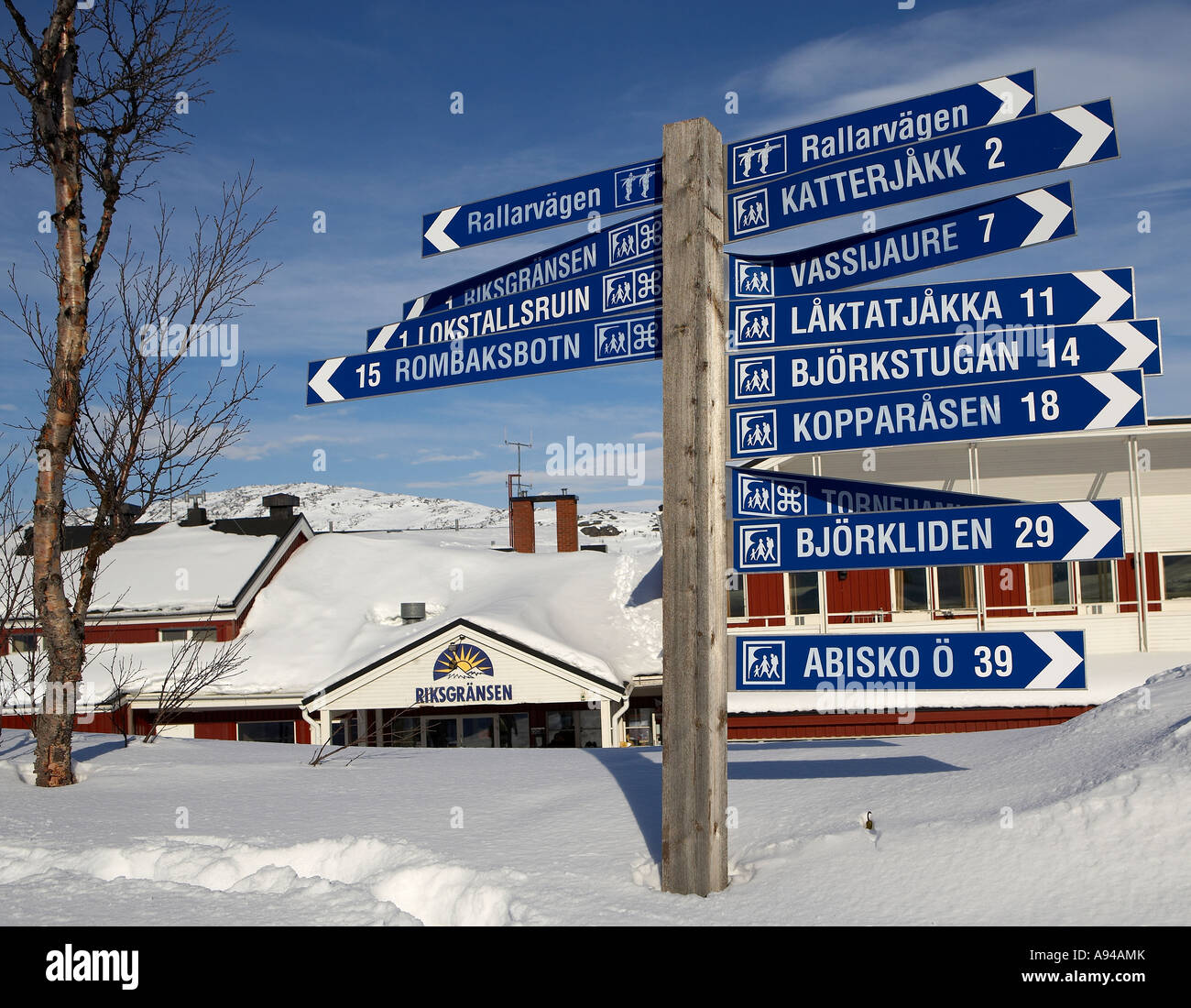 L'hiver, signes, Ski, Riksgransen, Laponie, Suède Banque D'Images