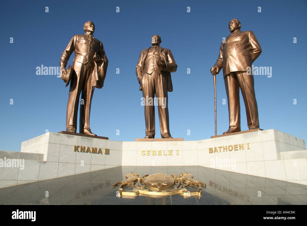 Monument à Gaborone de 3 chefs Khama III Sebele I et Bathoen I responsable d'assurer l'indépendance du Botswana Banque D'Images