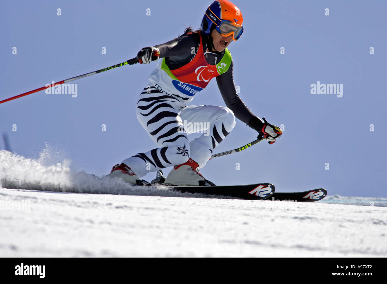 Reinhild Moeller LW4 de l'Allemagne sur son deuxième run de la Womens Ski alpin Slalom géant concours permanent Banque D'Images