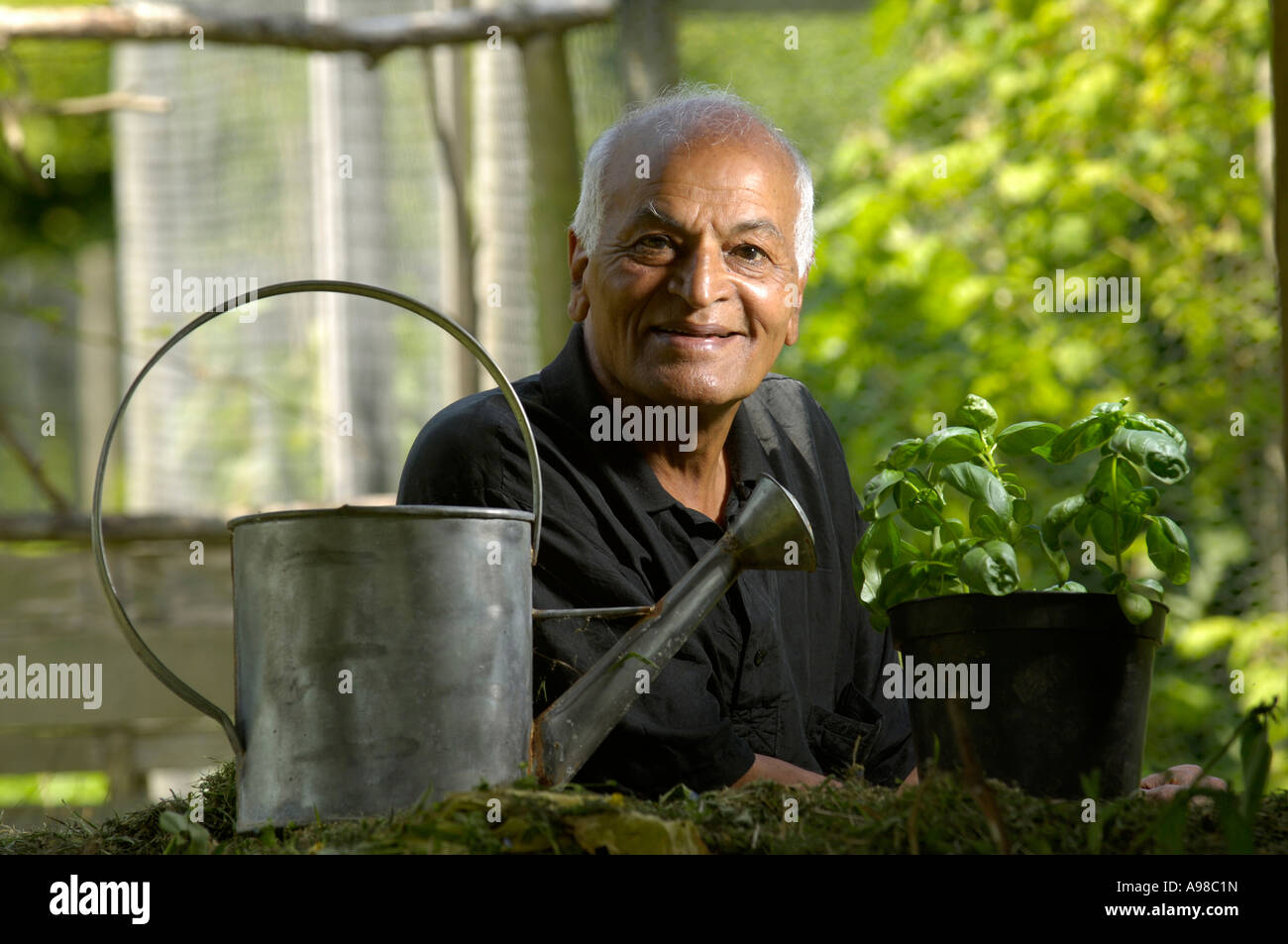 Satish Kumar, petite école Fondateur et écologiste se détendre dans son jardin, Hartland, Devon, UK Banque D'Images