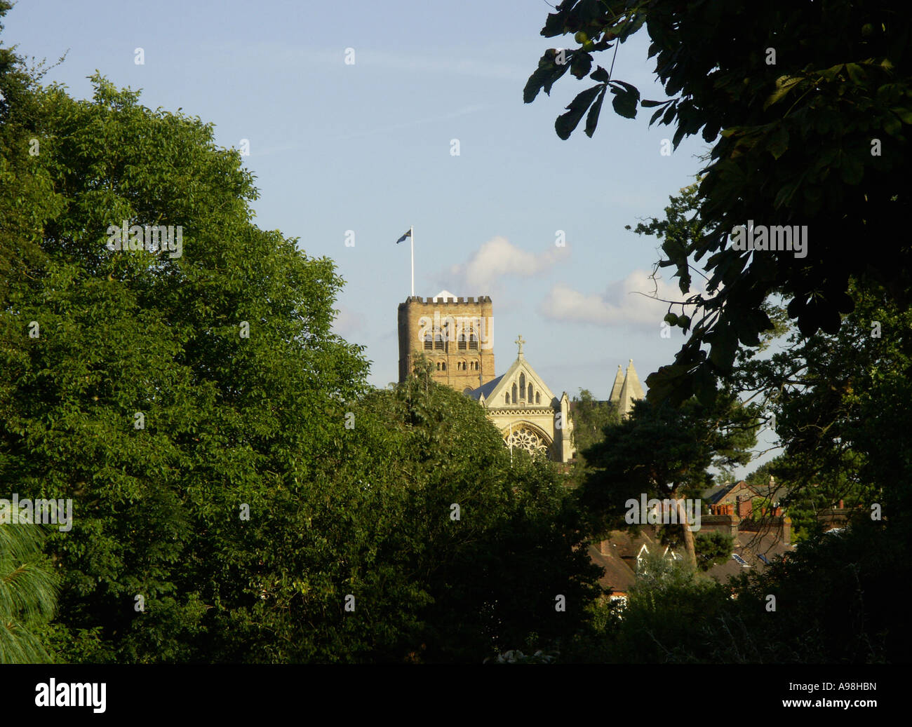 La tour de St Albans Cathedral, St Albans, Hertfordshire, Angleterre, Royaume-Uni, Grande Bretagne, Banque D'Images
