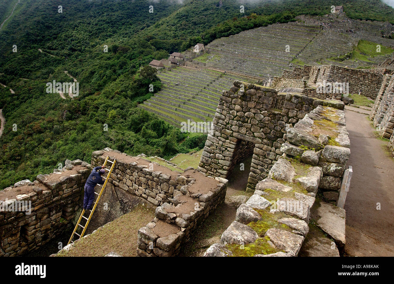 Un archéologue travaillant sur la restauration de Machu Picchu au Pérou, Amérique du Sud Banque D'Images