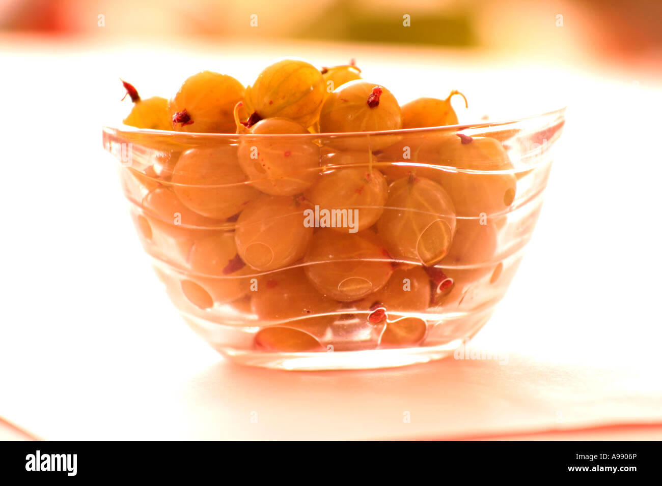 Un bol en verre rempli de groseilles fraîches, légèrement éclairé, mettant en valeur la peau vibrante et translucide du fruit. Banque D'Images