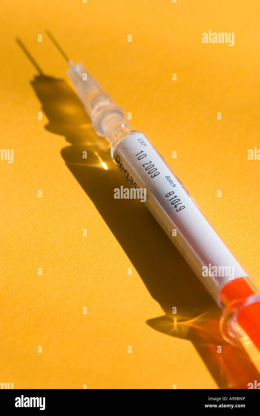 Une seringue hypodermique de l'interféron montrant le numéro de lot et la date de péremption Banque D'Images