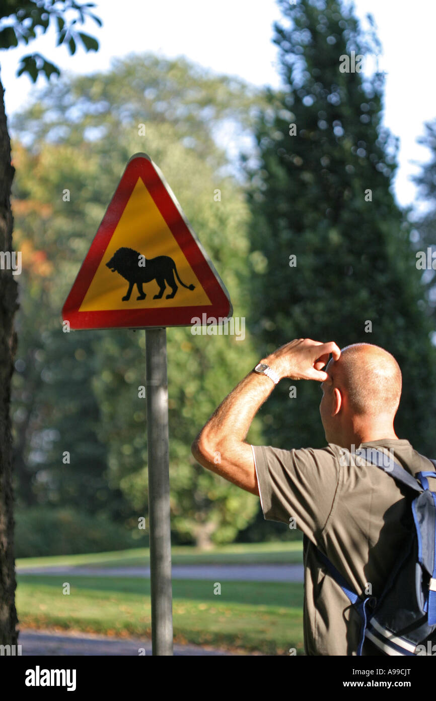 Lion on road sign et l'homme derrière interroge à ce sujet Banque D'Images