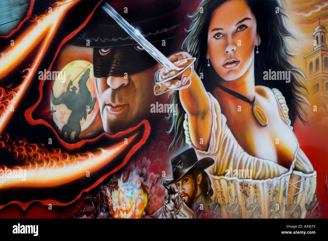 Brossé Air peinture murale du film Zorro sur un camion à TruckFest, Peterborough, Royaume-Uni. Banque D'Images