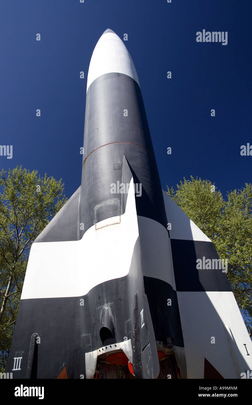 Une fusée A4 sur l'affichage à la recherche militaire historique de l'emplacement de Peenemünde Banque D'Images
