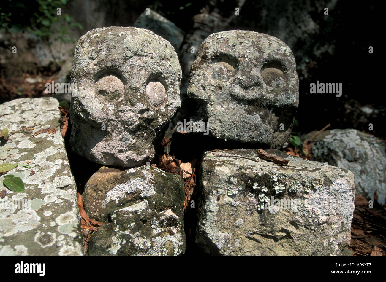 Honduras ruines mayas de Copan Ruinas crânes en pierre sculpture religion Temple 7 art sacrifice horizontal horizontal Banque D'Images