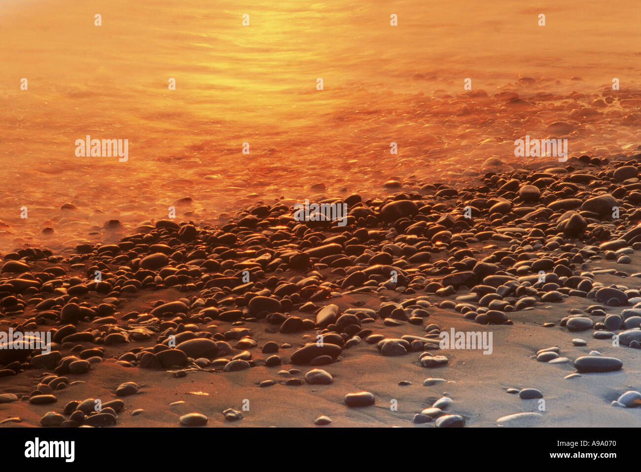 Coucher du soleil lumineuse éclairant l'eau et de cailloux le long de la côte de l'Océan Pacifique Banque D'Images