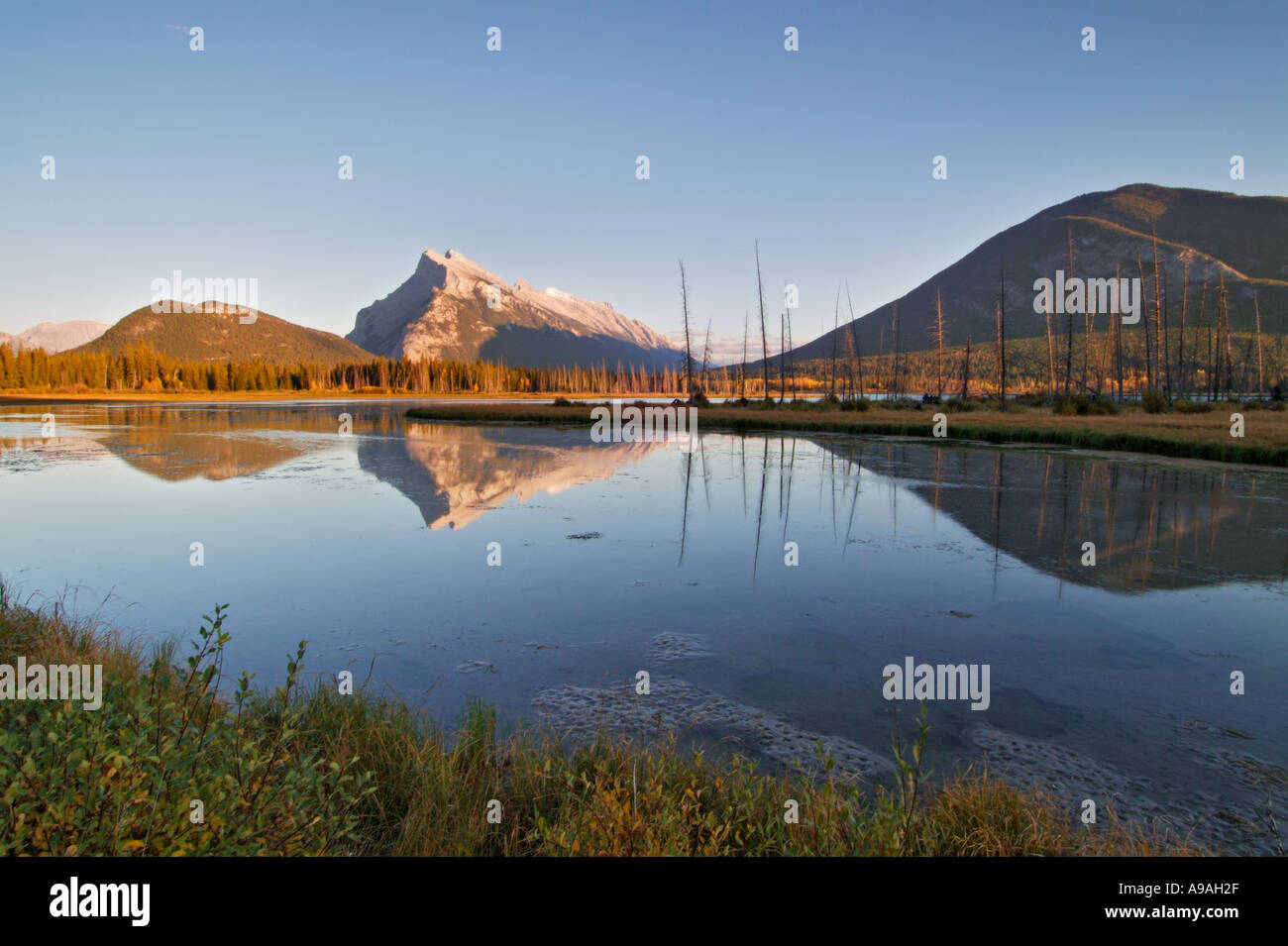 Le mont Rundle s'élevant au-dessus des lacs Vermillion township de ...