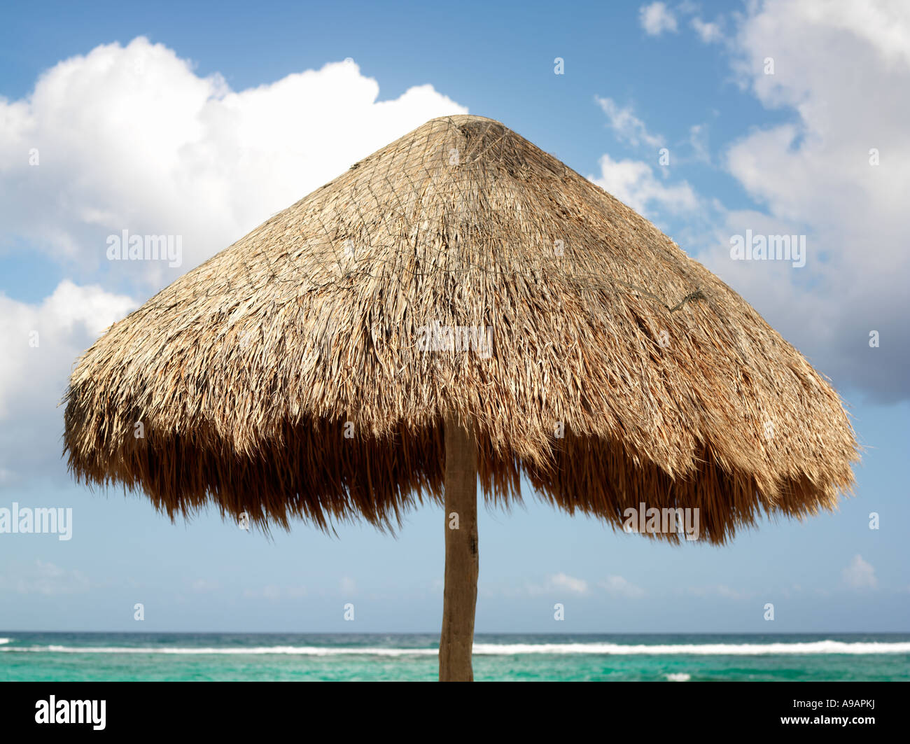 Le Mexique Péninsule du Yucatan Quintana Roo Cancun Riviera Maya palapa contre un ciel nuageux ciel bleu et la mer Banque D'Images