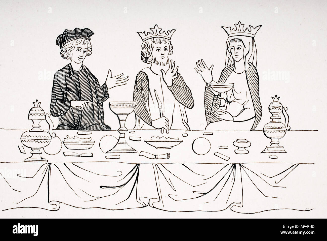 La table d'un baron tel qu'il est prévu au XIIIe siècle. Reproduction au XIXe siècle d'une miniature de l'Histoire de St Graal Banque D'Images