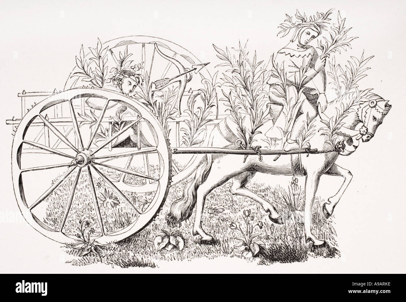 Comment prendre un chariot pour apaiser les bêtes. Reproduction du XIXe siècle d'une miniature du XVe siècle dans le manuscrit de Phoebus Banque D'Images