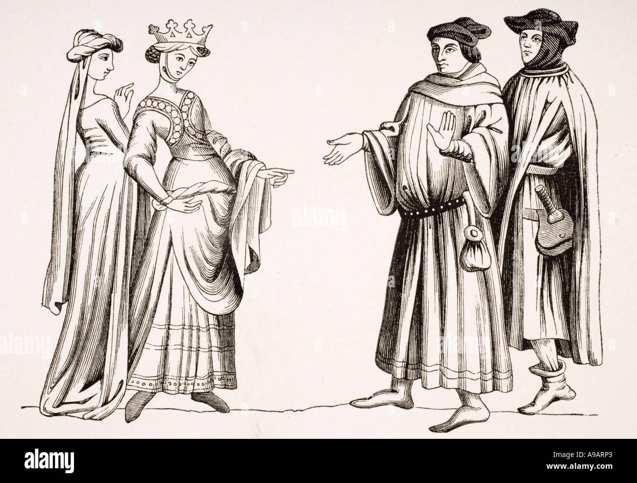 Dame noble et Maid of Honor et deux Burgess avec huds, d'une miniature à Merveilles du monde. Banque D'Images