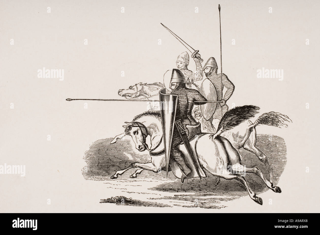 Les chevaliers et les hommes d'armes portant des chain mail dans le règne de Louis le Gros. D'une miniature dans un 12ème siècle Psautier. Banque D'Images