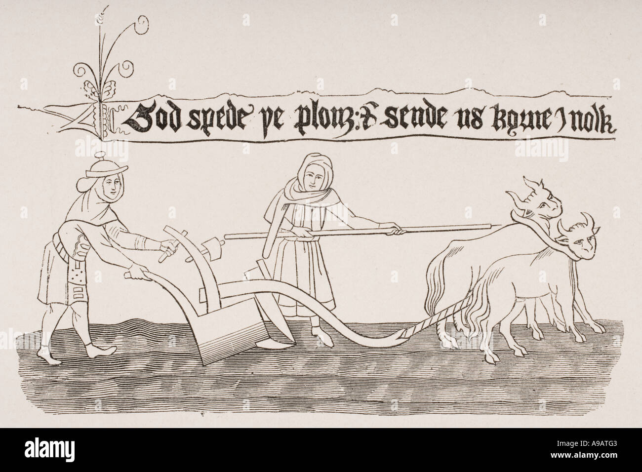 L'homme et la femme labourant un champ. À partir de la miniature d'un ancien manuscrit anglo-saxon Banque D'Images