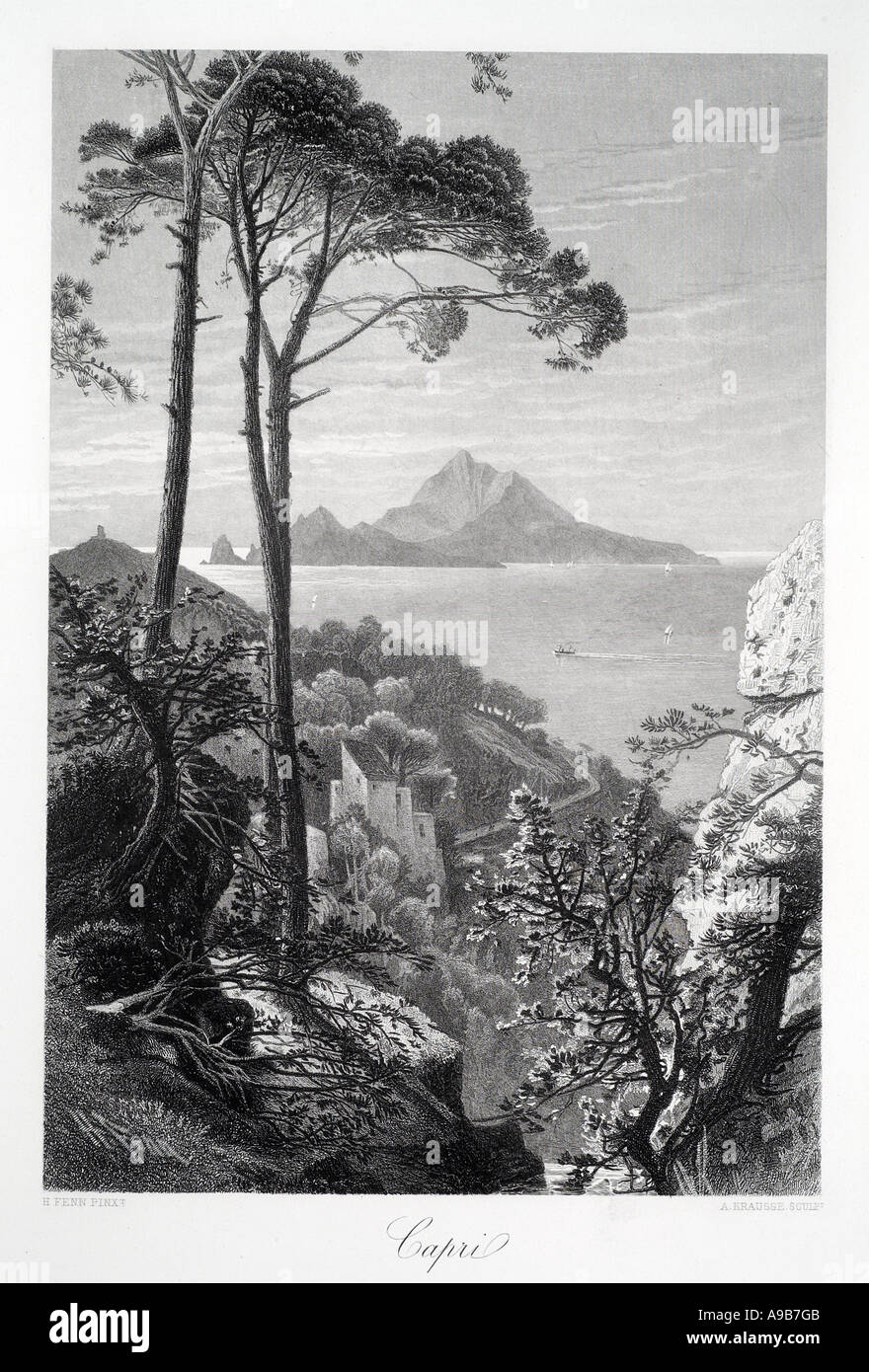 Italie Naples du golfe de l'île Isola di Capri Capri italienne Marina Grande côte mer Méditerranée littoral montagne falaise arbre Banque D'Images